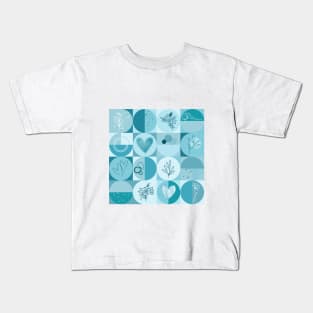 repeating geometry pattern, squares and circles, ornaments, teal color tones Kids T-Shirt